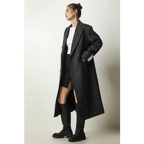 Happiness İstanbul Women's Dark Gray Premium Double Breasted Collar Thin Line Wool Cachet Coat