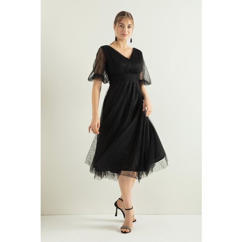 Lafaba Women's Black Balloon Sleeve Silvery Evening Dress Slike