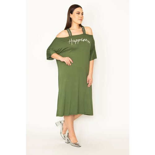 Şans Women's Plus Size Khaki Silvery Detailed Front Printed Viscose Dress Slike