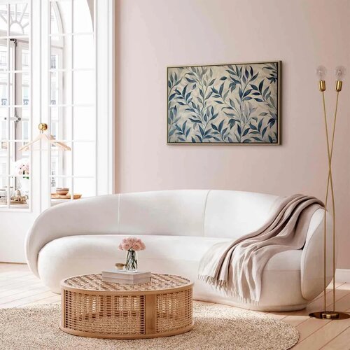  Slika - Leaves in Blue Color Delicate Botanical Motif 90x60 U prirodnom drvenom okviru Slike