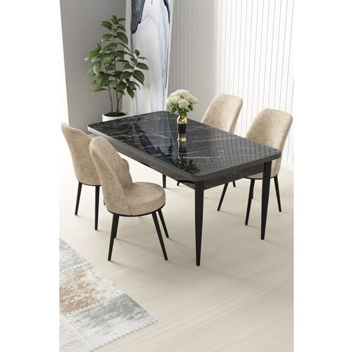 Hanah home Nil - Black Marble, Cream Black MarbleCream Dining Table & Chairs Set (5 Pieces) Cene