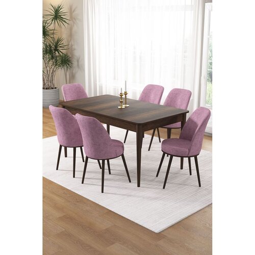 Hanah home trpezarijski set Pir, sto i 6 stolica, ploča u dekoru drveta Baroque, roze tkanina Babyface Cene