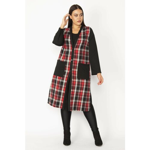 Şans Women's Plus Size Red Plaid Patterned Front Buttons And Pocketed Cape Slike