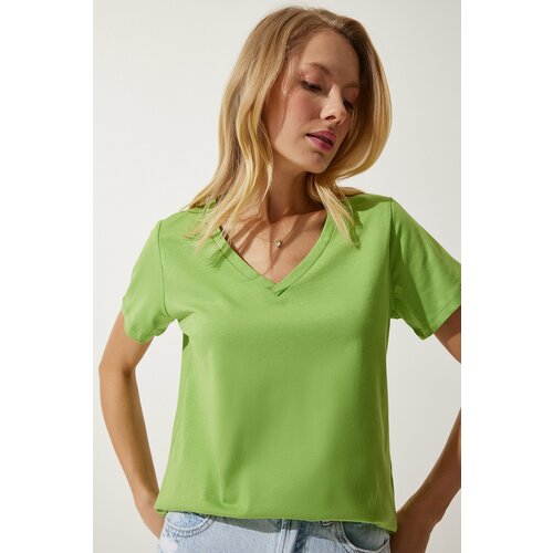 Happiness İstanbul Women's Peanut Green V Neck Basic Knitted T-Shirt Slike