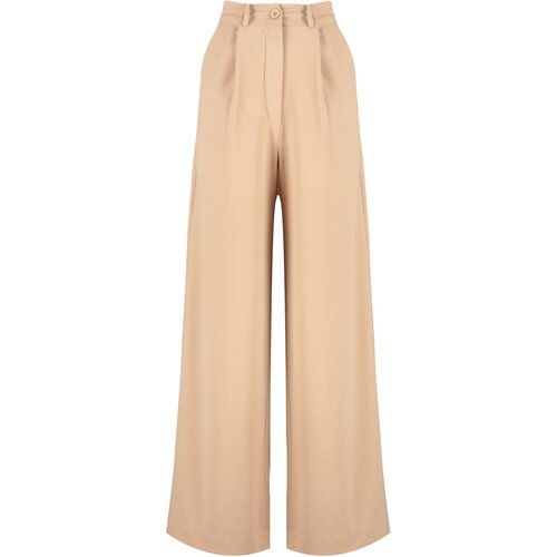 Trendyol Camel Extra Wide Leg/Wide Legs Crepe Knitted Trousers with Pleat Detail Slike