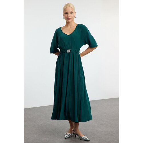Trendyol Emerald Green Skater Belted Three Quarter Sleeve Maxi Stretch Knit Dress Slike