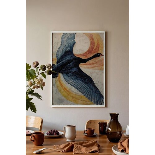 Wallxpert uramljena slika 115235, crni labud u letu ispred zlatnonarandžastih krugova, 50 x 70 cm, beli ram Cene