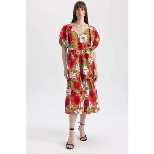 Defacto V-Neck Floral Poplin Raglan Sleeve Midi Short Sleeve Dress Cene