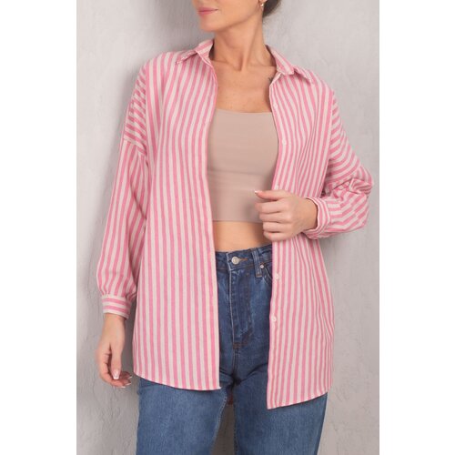 armonika Women's Pink Striped Oversize Long Basic Shirt Cene