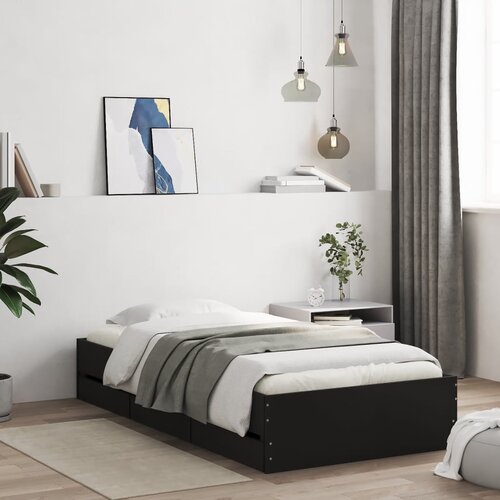 VidaXL Posteljni okvir s predali črn 100x200 cm inženirski les Slike
