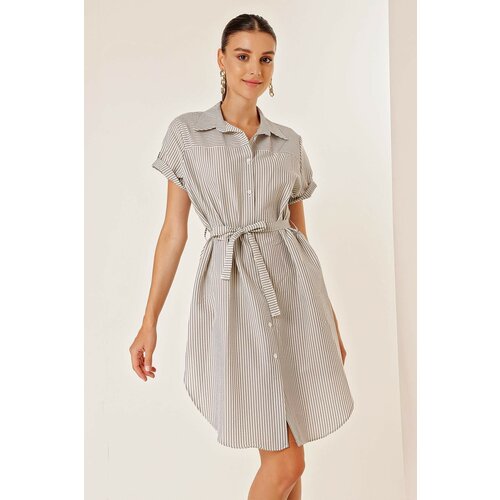 By Saygı Belted Waist, Short Sleeves and Buttons Front Striped Seersucker Dress Gray Slike
