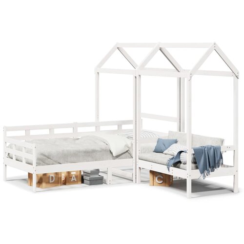 VidaXL Dnevna postelja s klopjo in streho bela 90x200cm trdna borovina Slike