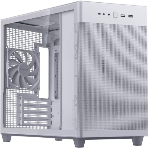 Asus Prime AP201 Tempered Glass MicroATX Case White - stylish 33-liter MicroATX case with tool-free side panels, with support for 360 mm coolers, graphics cards up to 338 mm long, and standard ATX PSUs - 90DC00G3-B39010