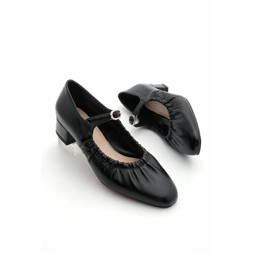 Marjin Women's Chunky Heel Gathered Strap Classic Heel Shoes Payse Black Slike