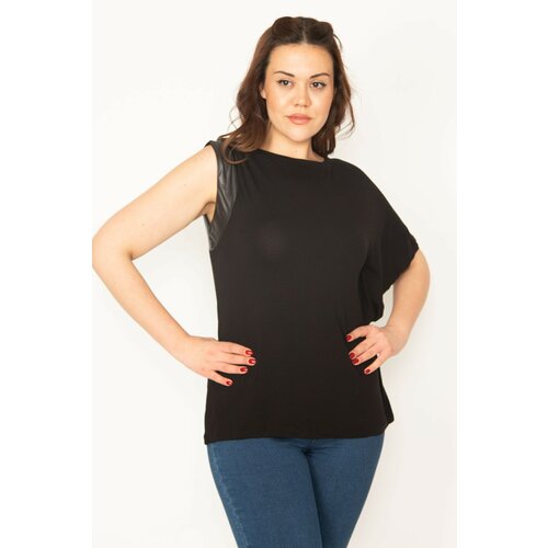 Şans Women's Plus Size Black Single Sleeve Faux Leather Detailed Low Sleeve Blouse Slike