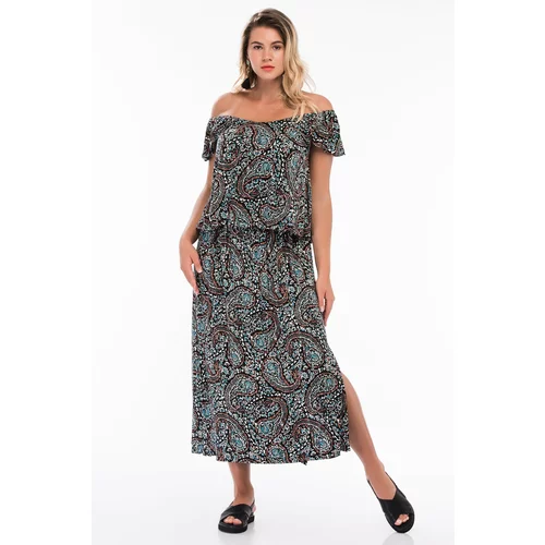 Şans Women's Plus Size Colorful Flounce Detail Collar Elastic Shawl Pattern Dress