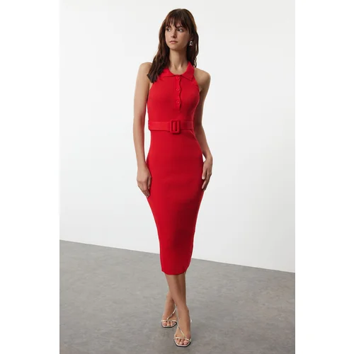 Trendyol Red Plain Belt Detailed Knitwear Dress