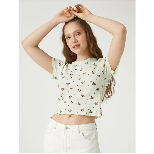 Koton Crop T-Shirt Short Sleeves Floral Print Crew Neck
