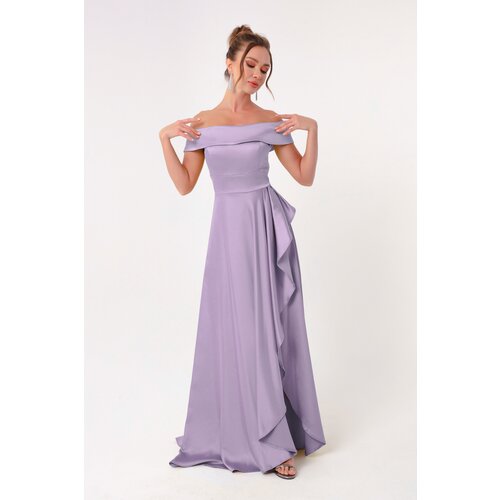 Lafaba Women's Lilac Boat Neck Satin Evening Dress & Prom Dress Cene