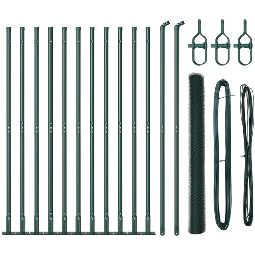 vidaXL hekalna ograja Zelena 1,6x25 m Jeklo, Ograjne stebri s temeljnimi ploščami 13 kos Ø32mm 88,5cm Galvanizirano jeklo Cene