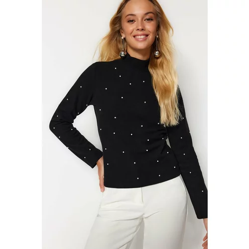 Trendyol Black Stand-Up Collar Pearl Detailed Regular Fit Thessaloniki Knitted Blouse