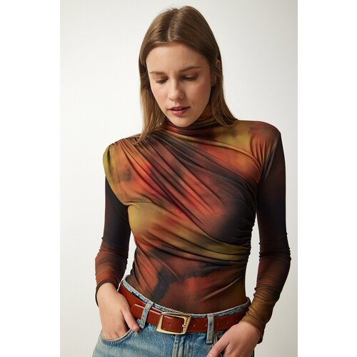  Women's Brown Draped High Neck Sandy Blouse Cene
