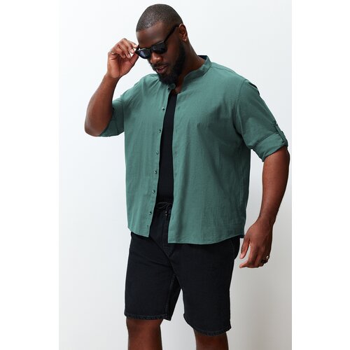 Trendyol dark green regular fit comfortable high collar basic large size shirt Cene