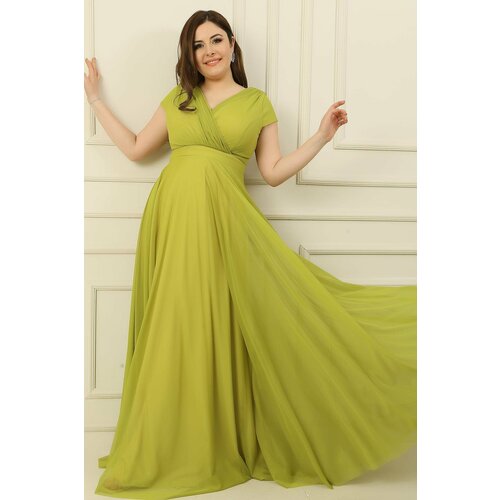 By Saygı Double Breasted Neck Lined Nail Sleeve Full Circle Flared Chiffon Tulle Plus Size Long Dress Slike