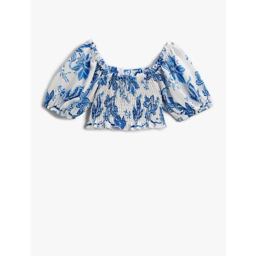Koton Floral Crop Blouse with Balloon Sleeves Off the Shoulders Gipping Detailed. Slike