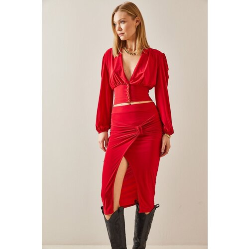 XHAN Red Bow Detailed Slit Midi Skirt Slike