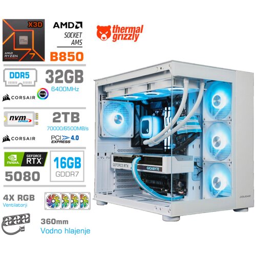 MEGA Računalnik MT S5 R7-7800X3D/RTX5080/32GB-DDR5/2TB/1050W/Brez OS/bela RGB + Estetski napajalni kabli [Modra / Bela], (5000357934) Slike