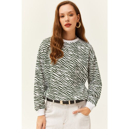 Olalook Women's Zebra Green Basic Soft Textured Loose Sweatshirt Cene