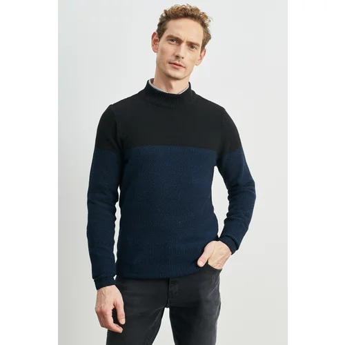 ALTINYILDIZ CLASSICS Men's Petrol-black Recycle Standard Fit Normal Cut Half Turtleneck Double Color Knitwear Sweater