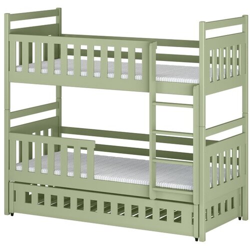 Molarem Home Drveni dječji krevet na kat Oliwia s tri kreveta - olive - 160x80 cm - Madrac PE pjena 8 cm-spužvasti madrac Slike
