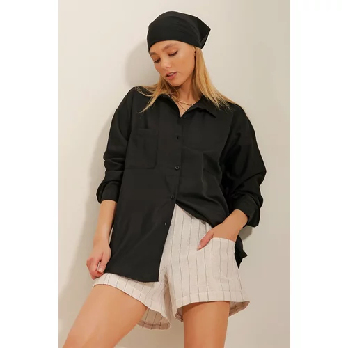 Trend Alaçatı Stili Women's Black Poplin Woven Shirt with One Pocket