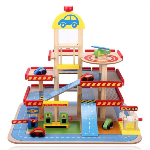 ECO TOYS drvena garaža s autićima i helikopterom Slike
