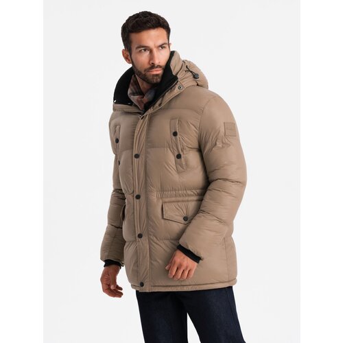 Ombre Men's long puffer jacket with snap pockets - brown Cijene