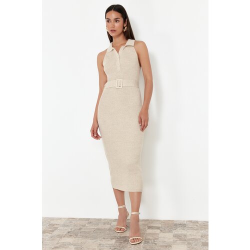 Trendyol Beige Belt Detailed Knitwear Dress Cene