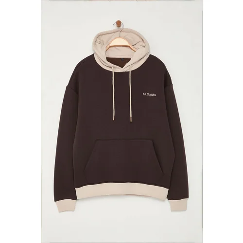 Trendyol Dark Brown Oversize/Wide Cut Hooded Fleece Inside Color Block Embroidered Sweatshirt