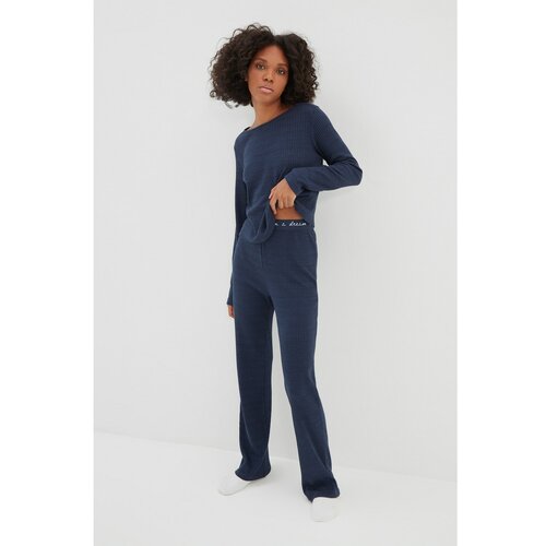 Trendyol Navy Blue Elastic Detailed Knitted Pajamas Set Slike