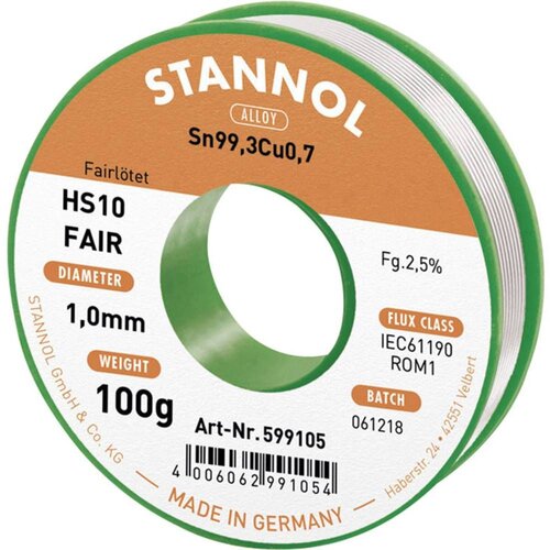 Stannol HS10-Fair spajkalna palica tuljava Sn99\,3Cu0\,7 ROM1 100 g 1 mm, (20428786) Slike