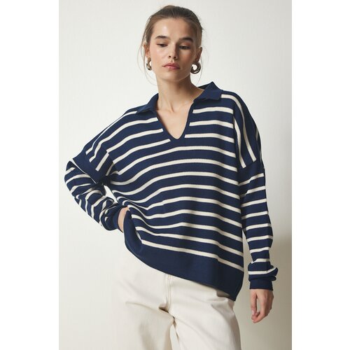  Women&amp;#039;s Navy Blue Polo Neck Crop Knitwear Sweater Slike