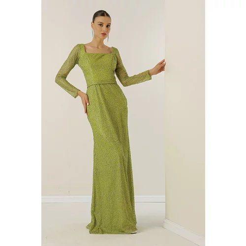 By Saygı Square Collar, Lined, Wide Size Evening Long Dress with Cut Stones.