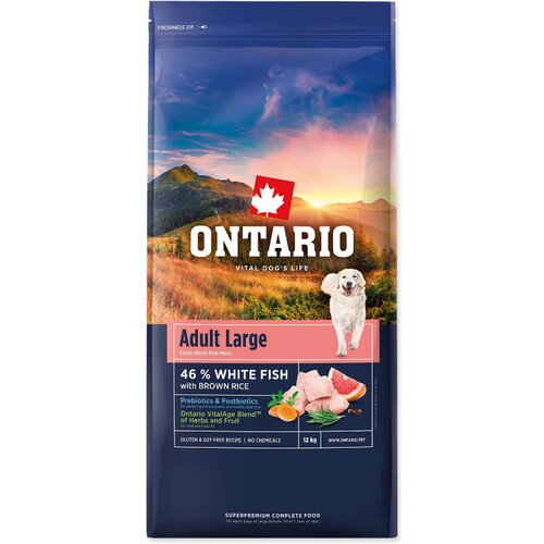 Ontario Adult Large - bela riba in rjavi riž 12 kg Cene