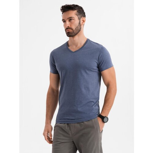 Ombre Men's BASIC classic cotton T-shirt with a serape neckline - blue melange Cene