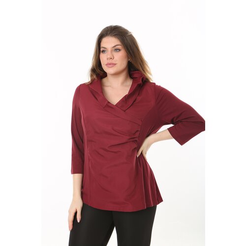 Şans Women's Plus Size Burgundy Collar And Taffeta Fabric Front Blouse Cene