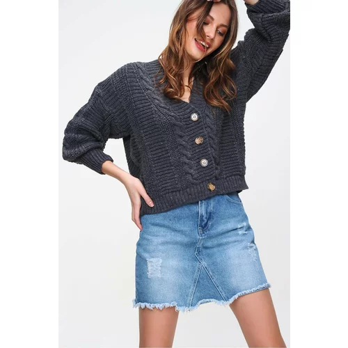 Trend Alaçatı Stili Women's Anthracite V-Neck Buttons Knitwear Cardigan