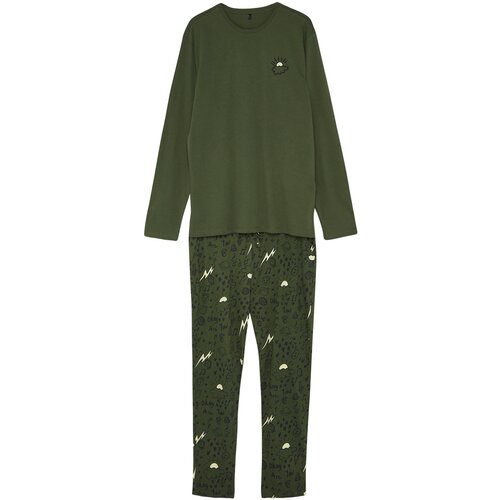 Trendyol Men&amp;#039;s Khaki Regular Fit Embroidered Knitted Pajamas Set. Slike