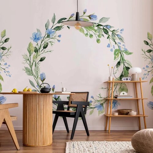  Foto tapeta - Romantic wreath - plant motif with blue flowers and leaves 250x175 Cene