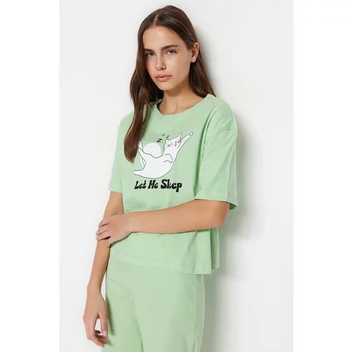 Trendyol Light Green 100% Cotton Animal Printed T-shirt-Pants, Knitted Pajamas Set.